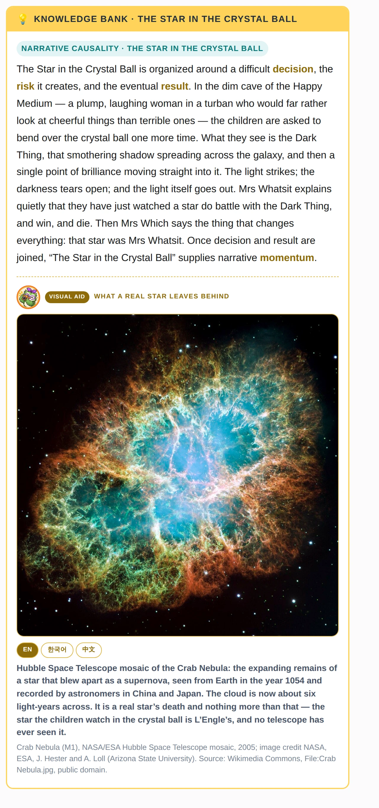 A Knowledge Bank from A Wrinkle in Time, 'The Star in the Crystal Ball', with a Visual Aid photograph of the Crab Nebula and captions in English, Korean and Chinese