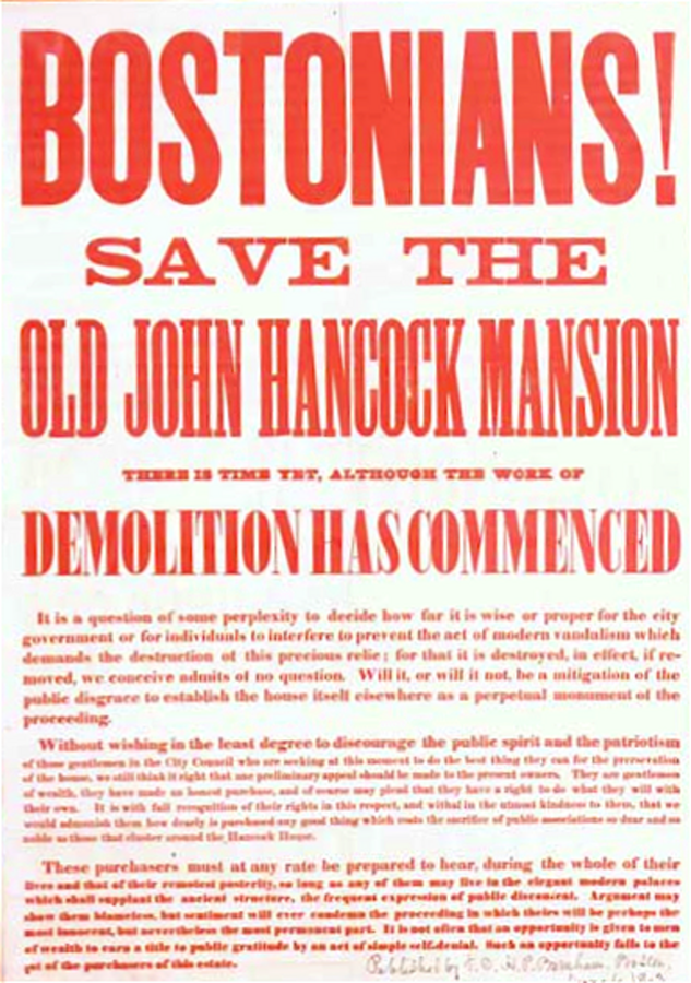 A printed 1863 broadside headed with an appeal about the Hancock House on Beacon Street in Boston, set in several sizes of type