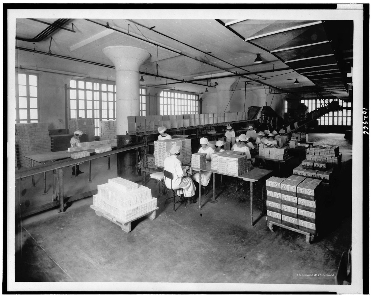 A long, bright factory room with tall windows, where rows of workers in white caps sit at benches packing sticks of gum into small boxes stacked on carts