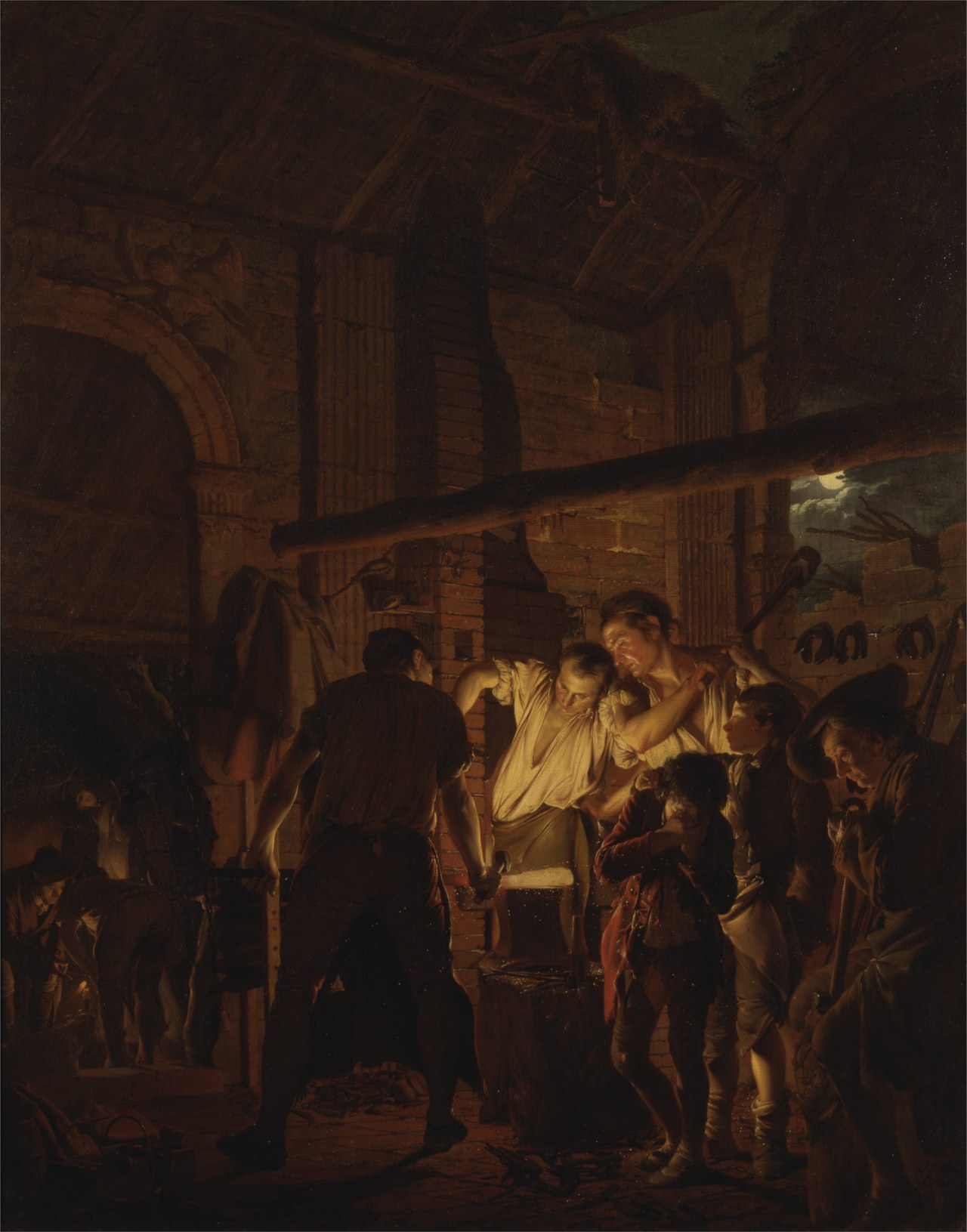 A painted night scene inside a stone forge, where a glowing bar of iron lights the faces of several men working an anvil while children watch from the shadows