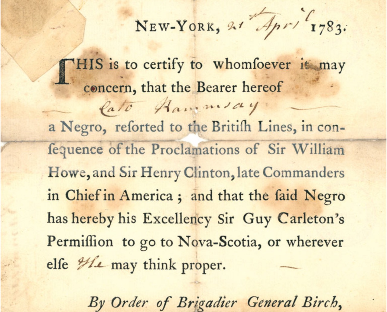 A stained and folded printed certificate headed New-York, with the date 21 April 1783 written in by hand, a name written into a blank line in the middle of the printed text, and the words by order of Brigadier General Birch cut off at the bottom edge