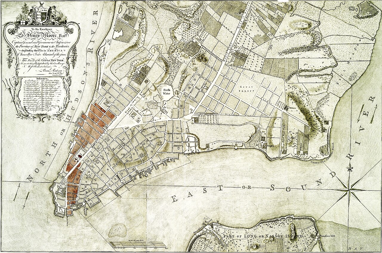 An engraved eighteenth-century plan of lower Manhattan showing streets, wharves and open fields, with a long wedge of blocks along the Hudson side of Broadway washed in orange