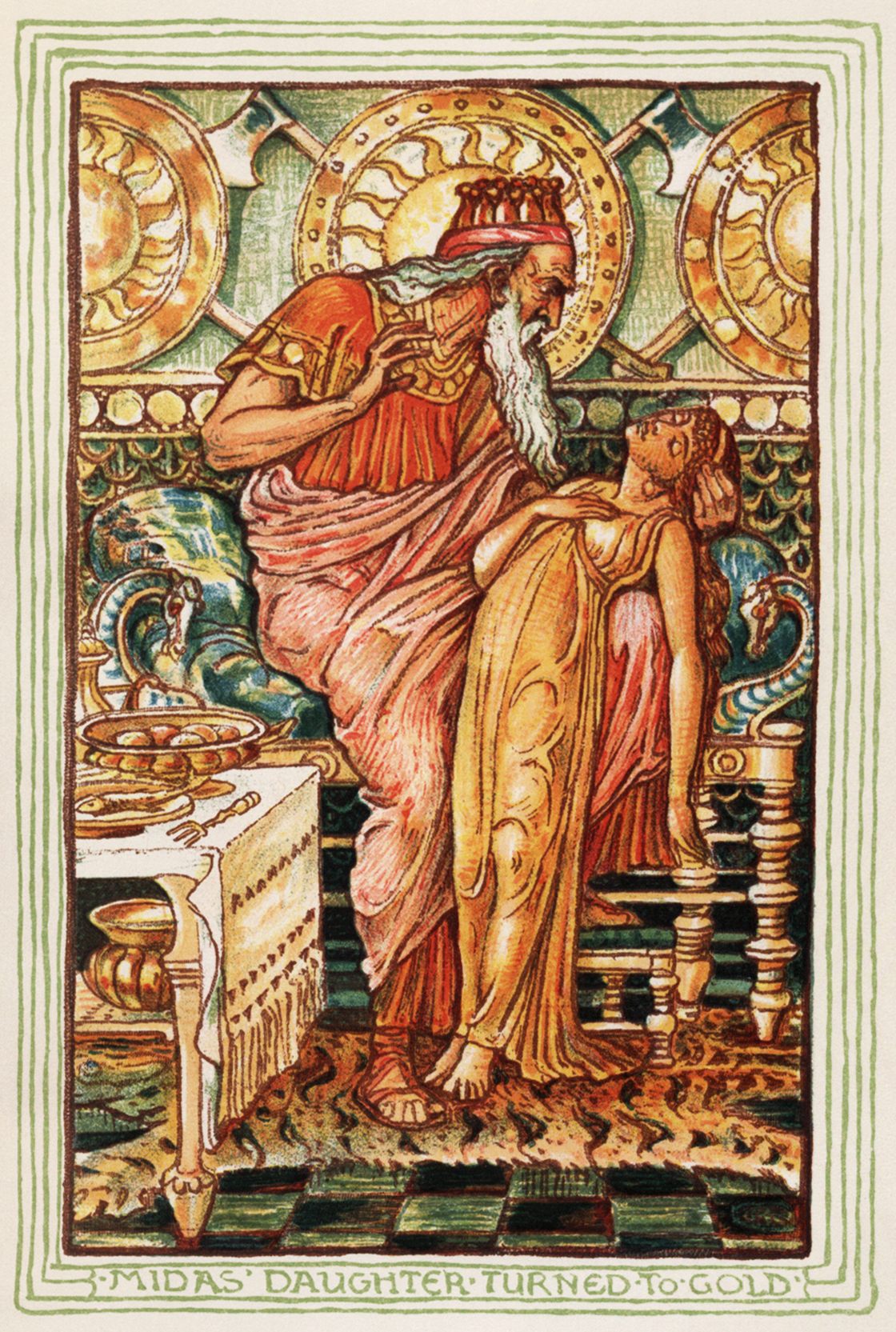 A color illustration of a bearded king in a crown drawing back in horror from a girl in a chair whose body and clothes have all turned to solid gold, with gold plates and dishes on the table beside them