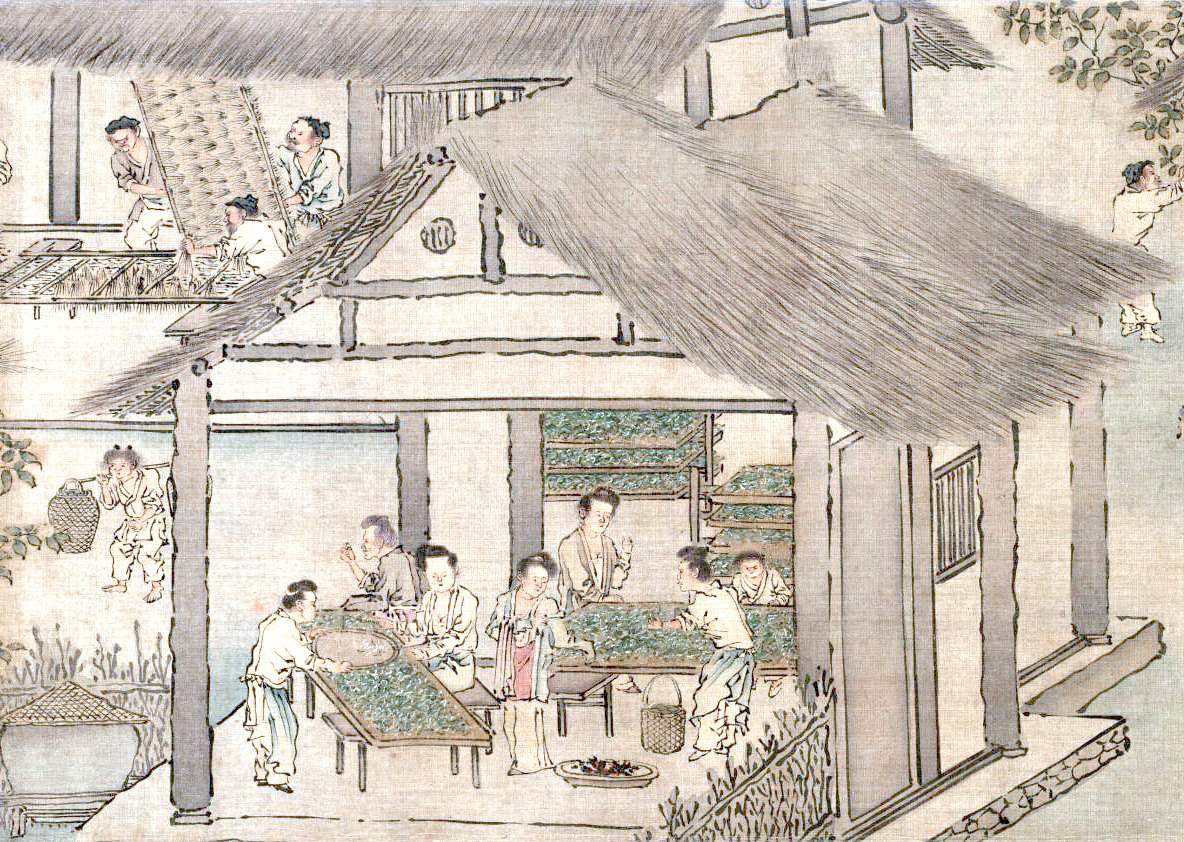 An old Chinese ink painting of women in an open-sided thatched building spreading silkworms and leaves across flat trays on a long table