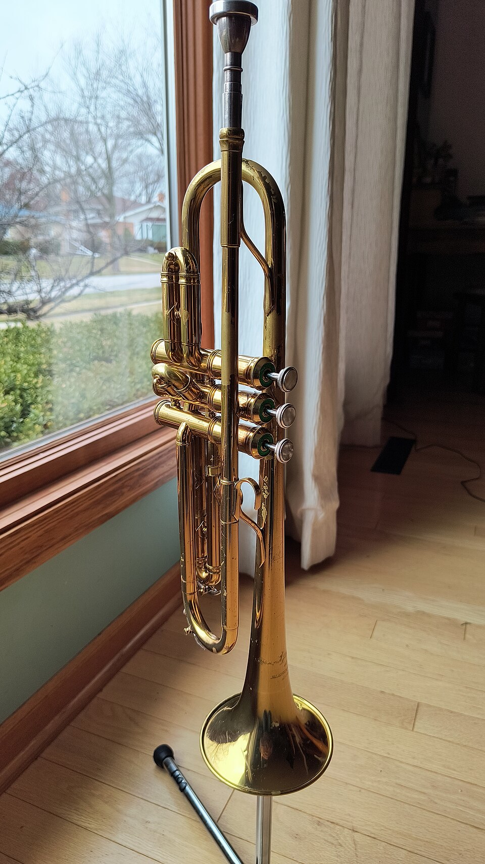 A brass trumpet standing upright on a floor stand by a window, mouthpiece at the top, three finger buttons in a row down the middle, looped tubing behind them and the bell flaring open at the bottom