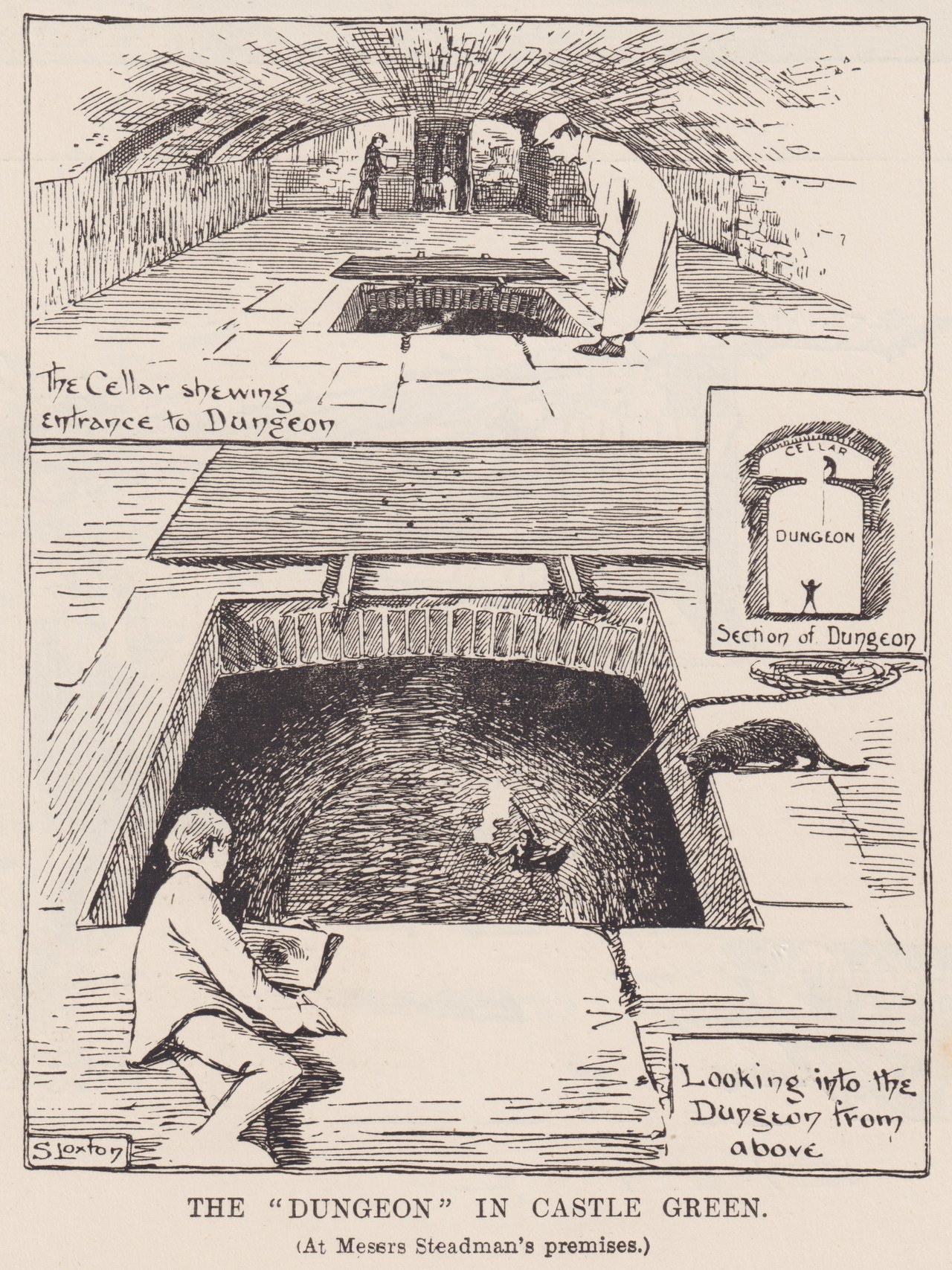 A 1908 pen drawing of a castle dungeon, showing a deep stone-lined pit seen from above and, below, a cross-section with a seated figure at the bottom