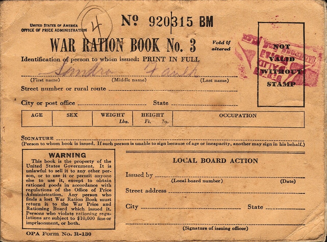 The tan front cover of War Ration Book No. 3, with a serial number, blanks for the holder's name and address, a red 'not valid without stamp' box, and a printed warning that selling the book is a crime