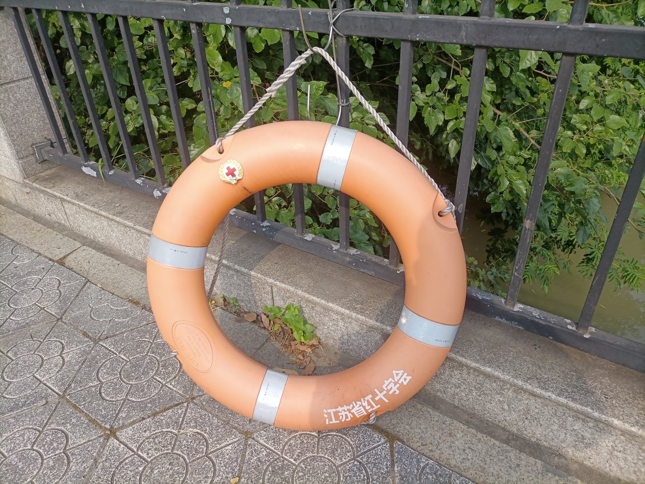 An orange life ring hanging from a railing above water, a coiled rope tied through it