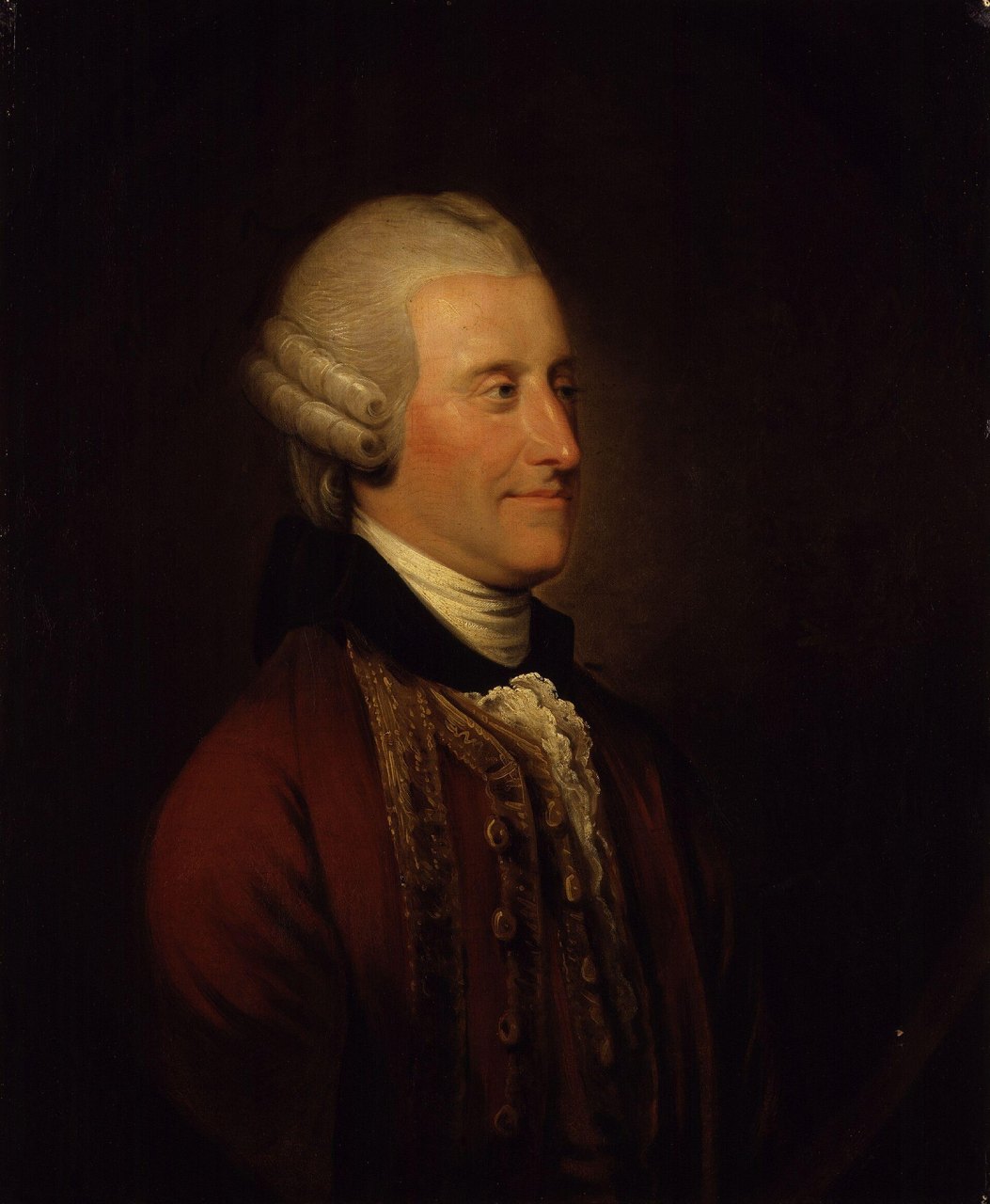 An oil portrait of an eighteenth-century gentleman in a powdered wig and dark red coat with lace at his collar, shown in profile against a dark background