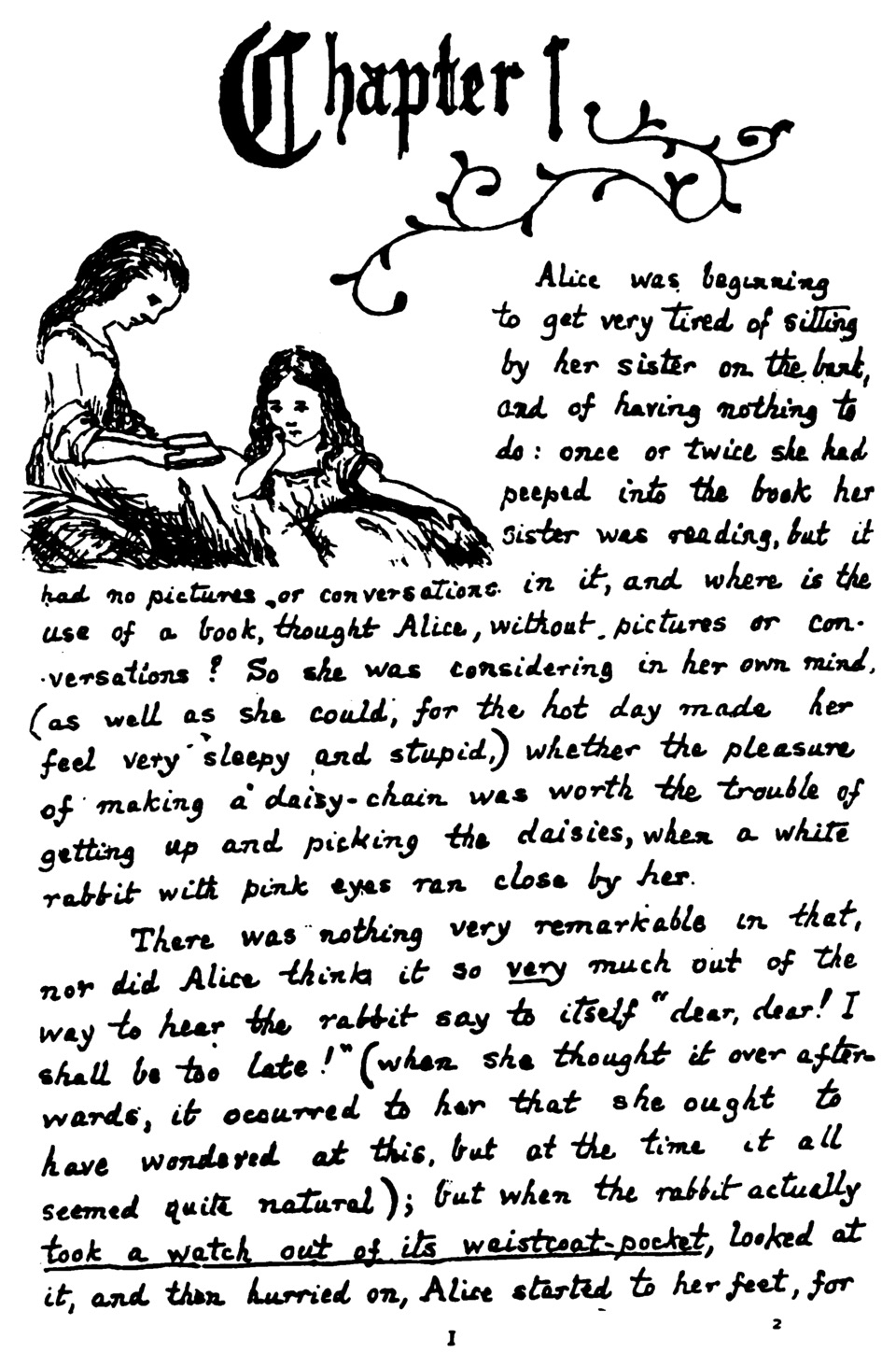 The first handwritten page of Alice's Adventures Under Ground: careful script filling the page under an ornate Chapter I heading, with the author's own ink drawing of two girls on a riverbank