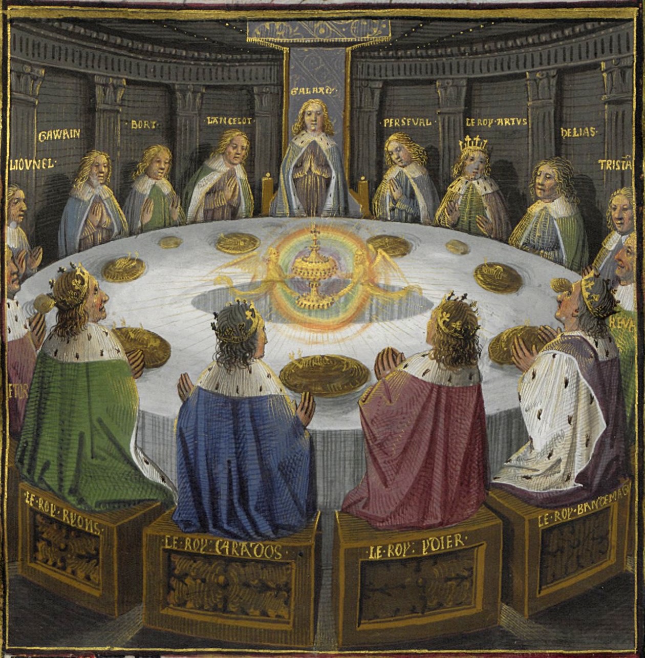 A medieval manuscript painting of King Arthur and his knights seated around a great white round table, their names lettered in gold, with a radiant vision of the Holy Grail floating at the center
