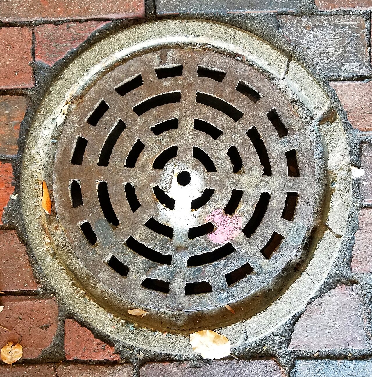 A round cast-iron storm drain grate with curved slots, set into a brick sidewalk scattered with fallen leaves