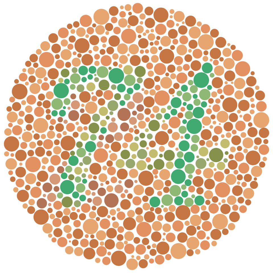 A circle filled with hundreds of dots in many sizes and shades, in which dots of one color form a numeral against a background of dots in another color