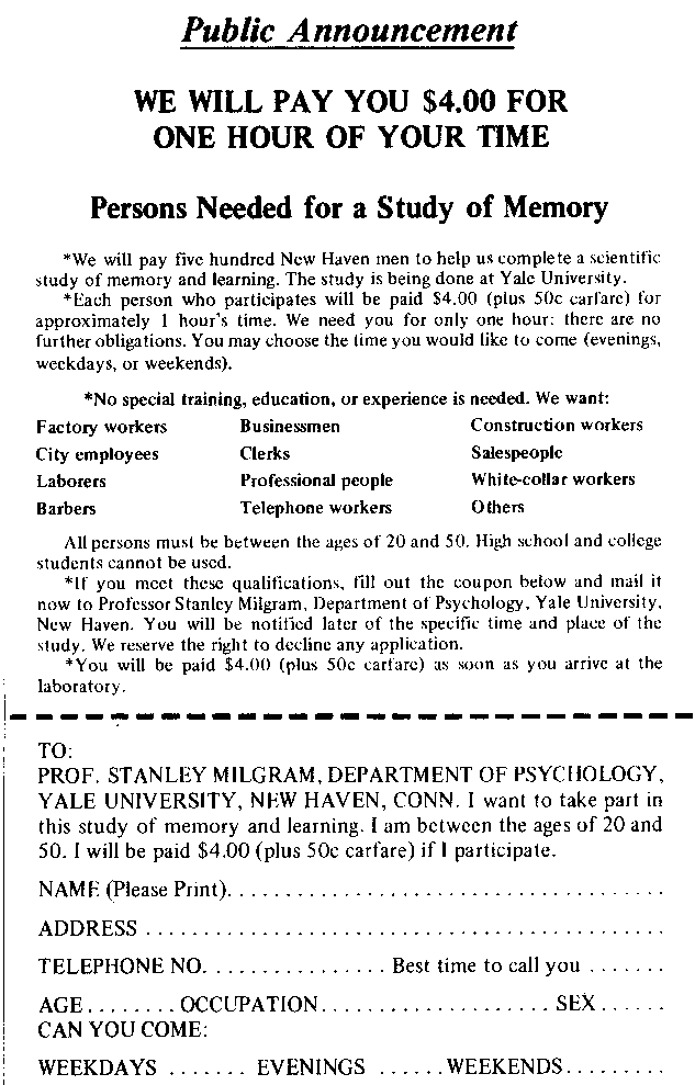 A printed newspaper advertisement headed Public Announcement, calling for persons needed for a study of memory, listing who may take part and the payment offered for one hour