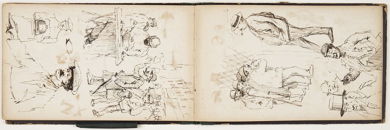 Two open pages of an old sketchbook covered in quick pen-and-ink and pencil studies of standing and seated figures, some drawn several times