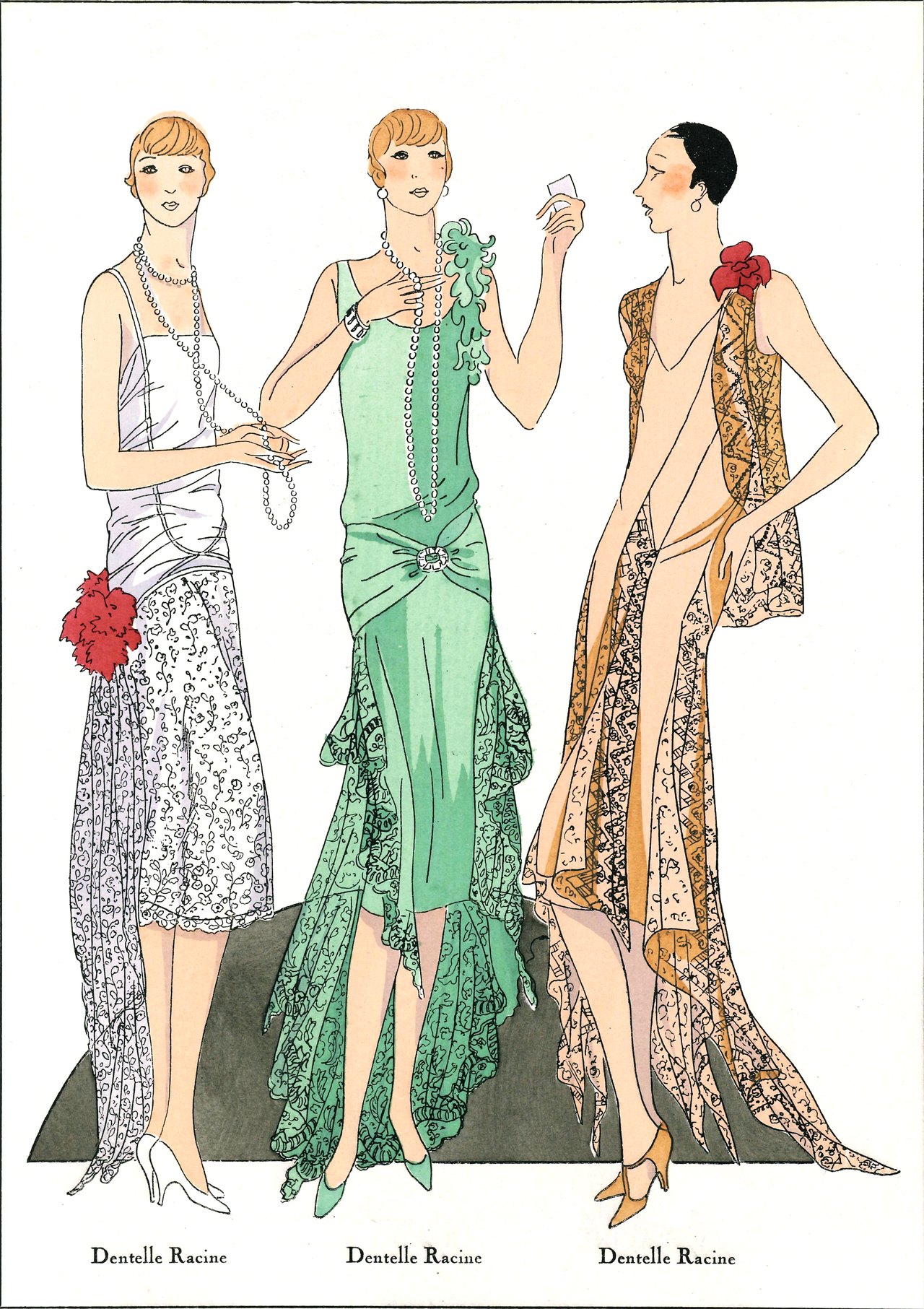 A color fashion illustration of three slender women in long lace evening dresses of white, green and gold, printed on a page from a 1929 magazine
