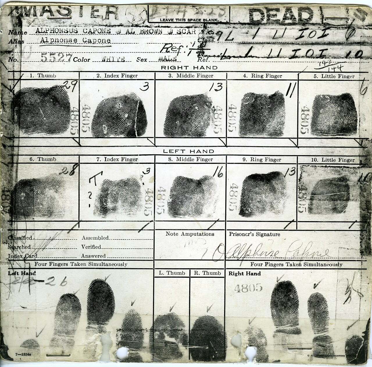 A worn paper fingerprint card with ten inked prints in labeled boxes, handwritten file numbers, official stamps, and a signature line