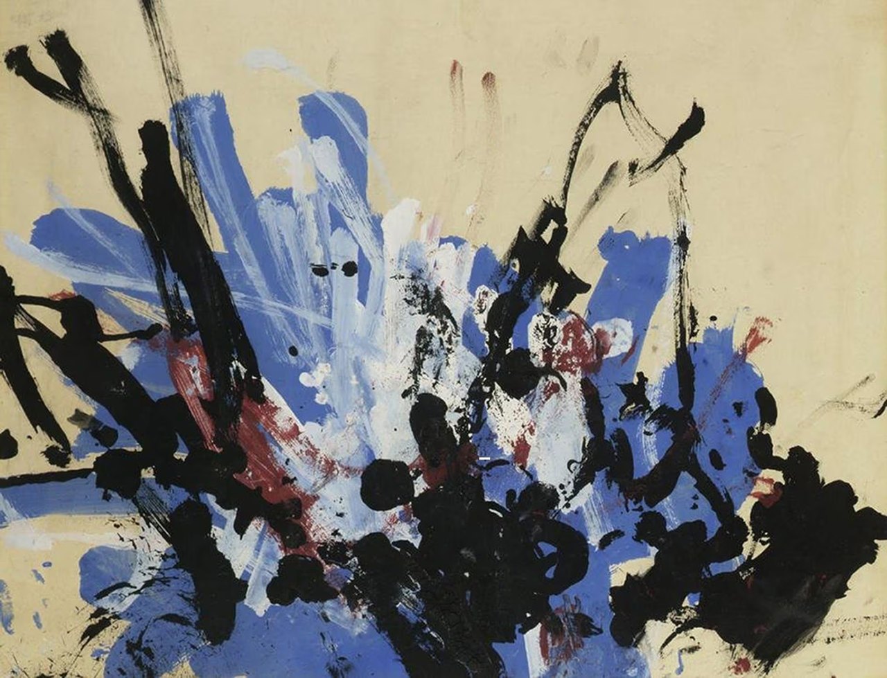 An abstract painting of bold black and blue brushstrokes fanning outward across a pale background, with a few red marks near the center
