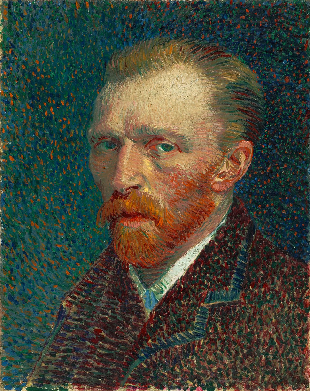 An oil painting of a red-bearded man in a dark jacket, built from short dabs of orange, blue and green paint, looking straight out at the viewer