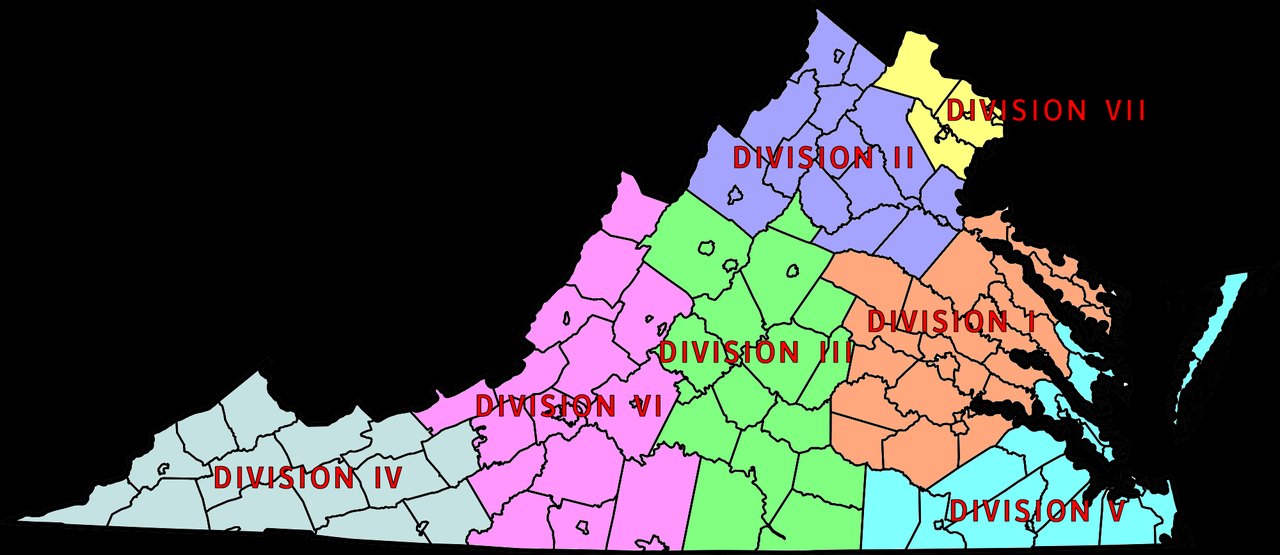 A map of the state of Virginia on a black background, its counties filled in seven bright colors and labeled by division, showing the state's wide triangular outline