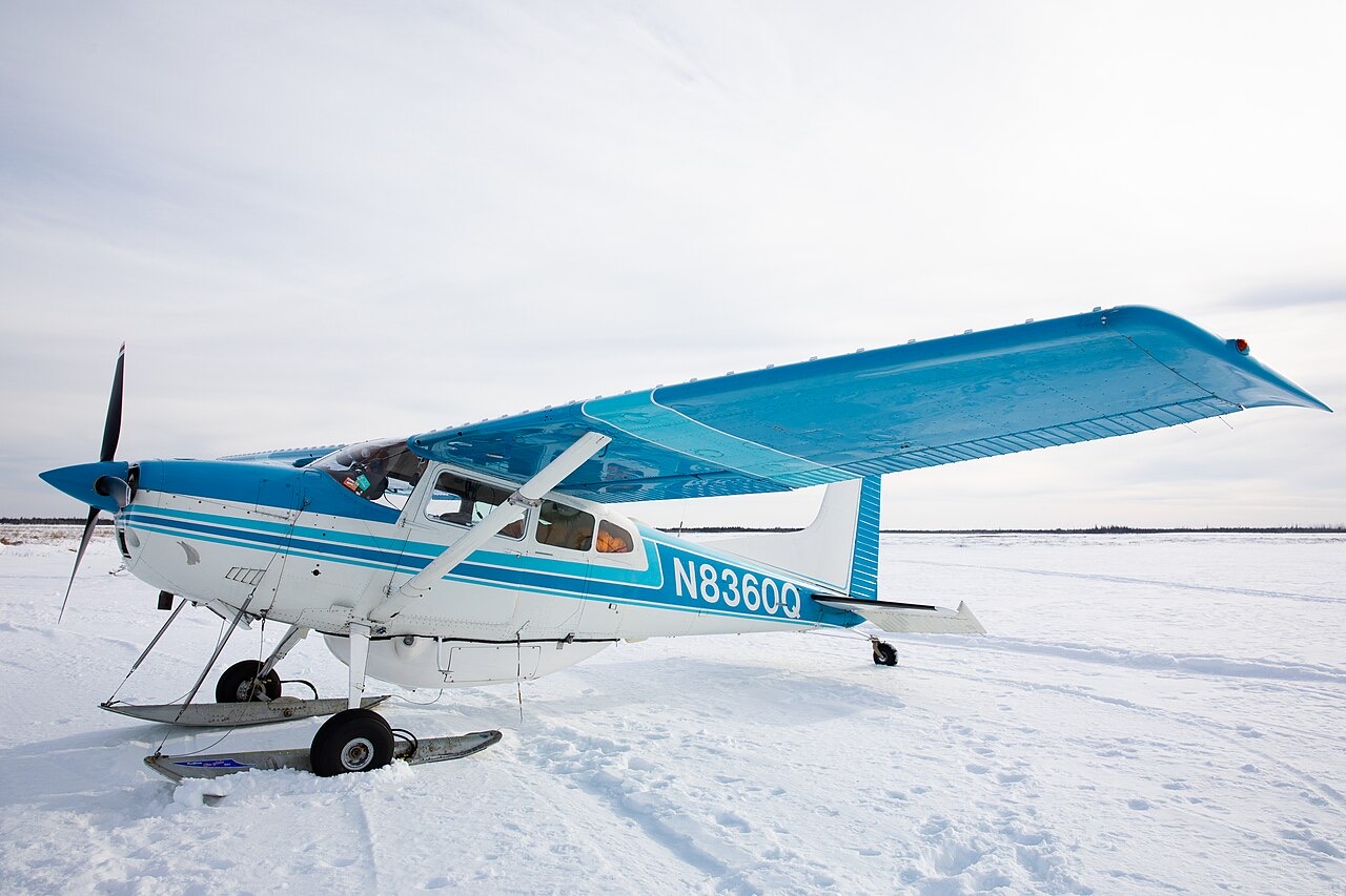 A blue and white single-engine plane fitted with skis, parked on packed snow under a pale sky
