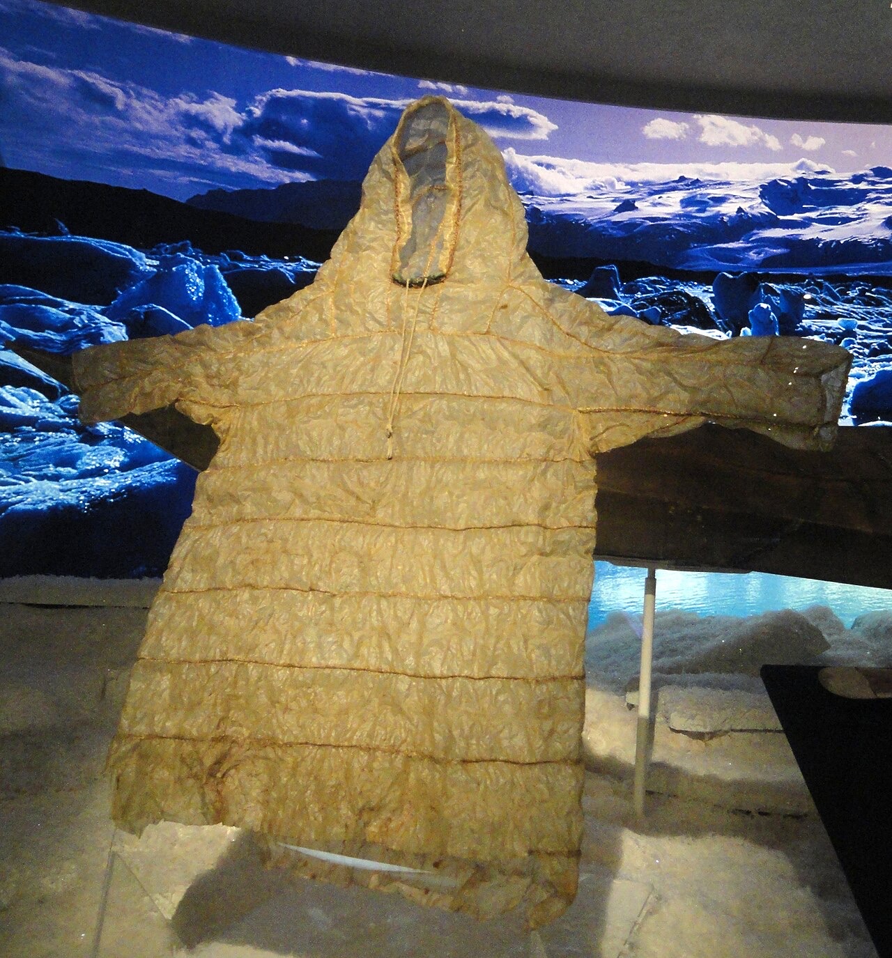A pale translucent hooded parka with horizontal seams, arms spread wide, displayed against a printed icy backdrop