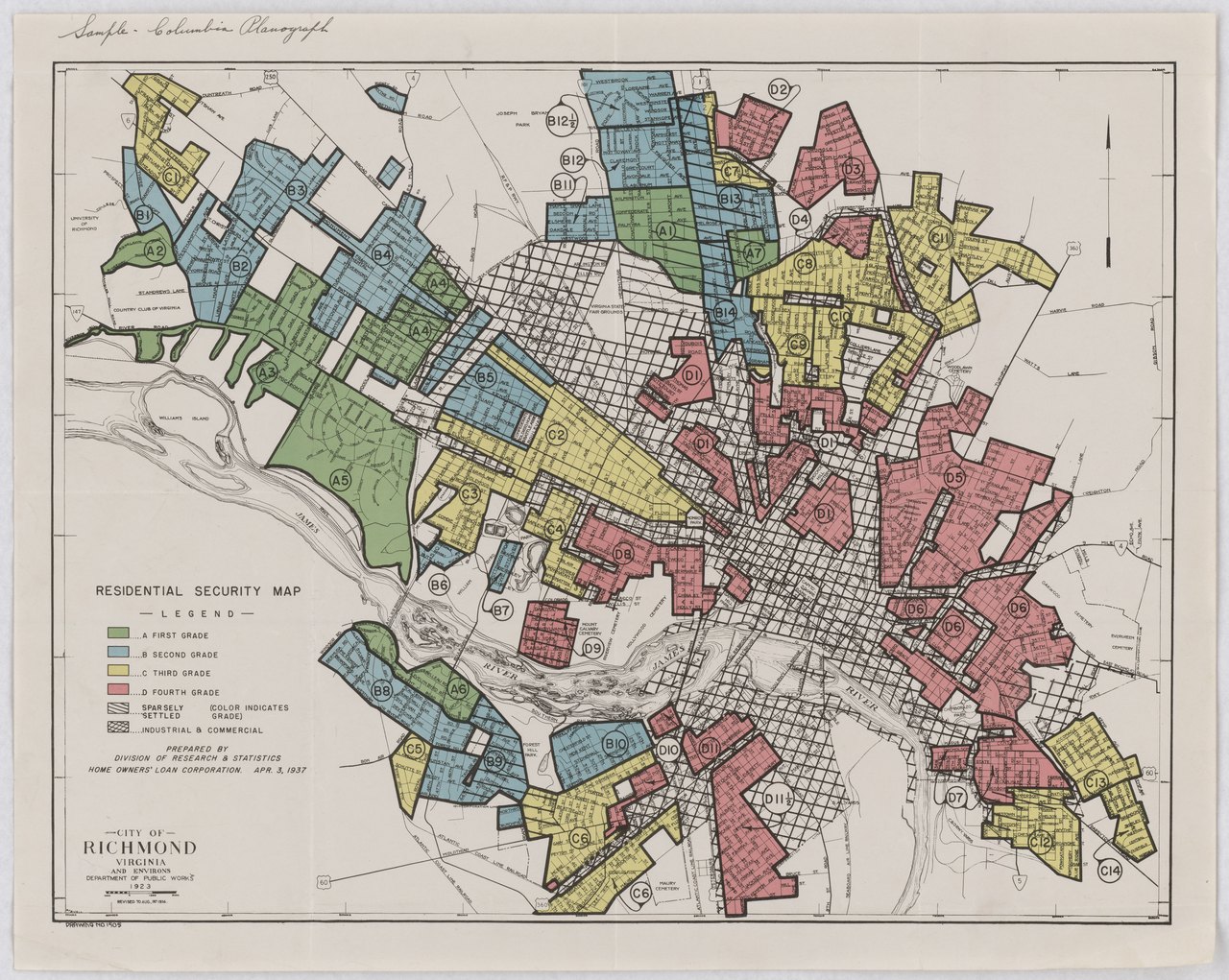 A 1930s city map with neighborhoods shaded green, blue, yellow and red, and a printed legend explaining the four grades