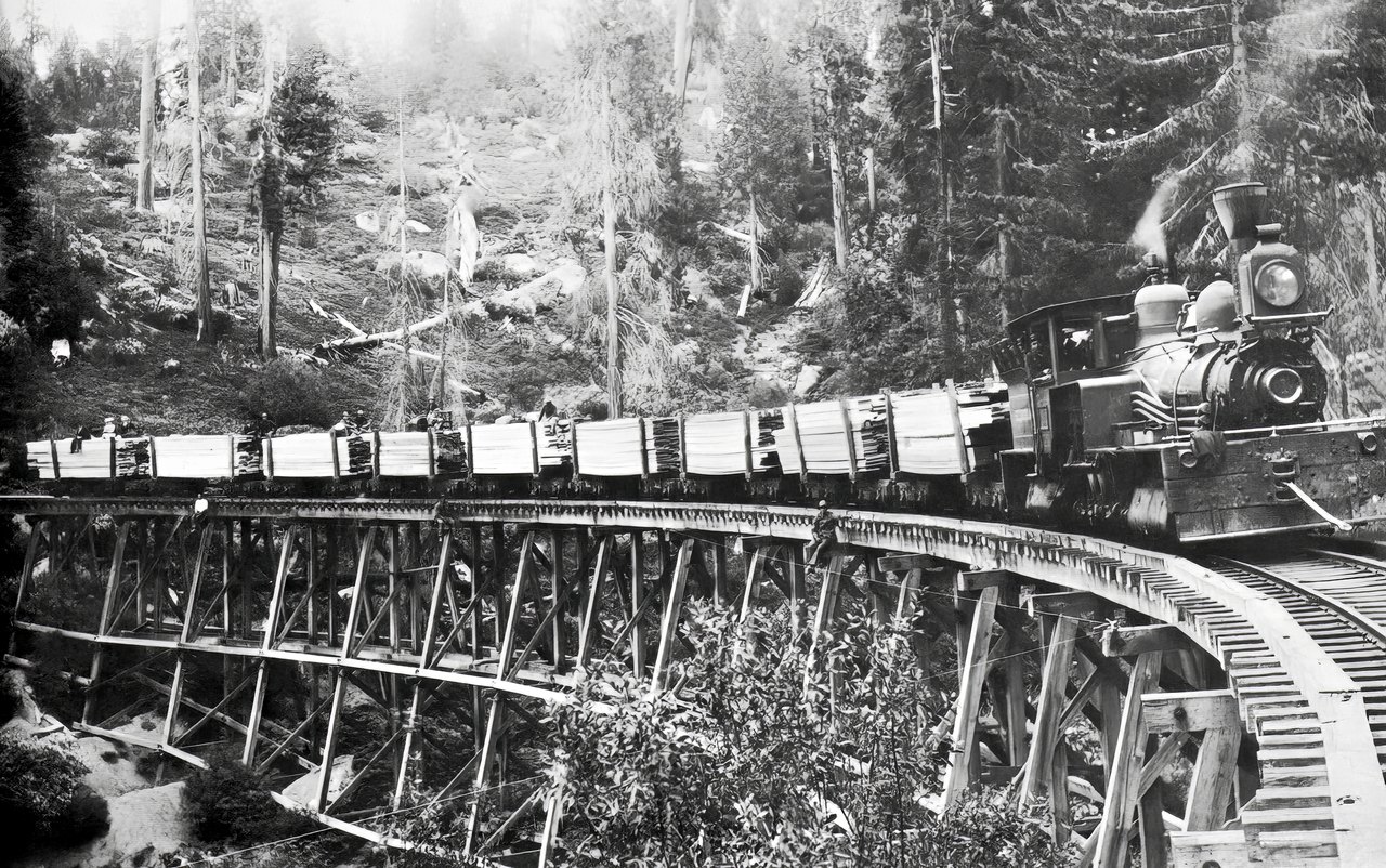 A steam locomotive and a line of cars crossing a tall wooden railway trestle built of crossed timbers above a wooded gully