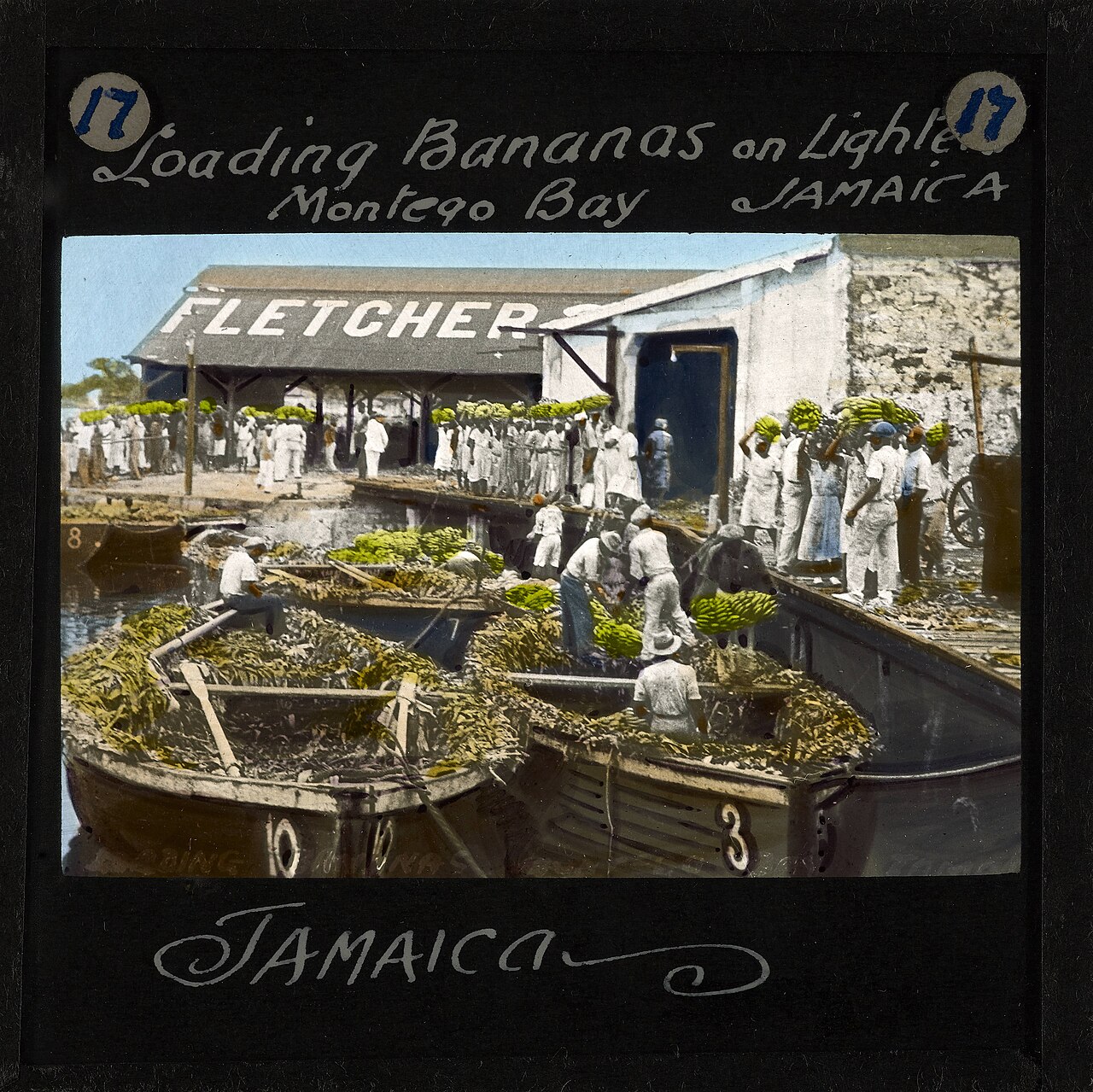 An old hand-colored slide showing many workers loading bunches of green bananas into small open boats beside a dock shed, with the words Loading Bananas on Lighters, Montego Bay, Jamaica written across the top