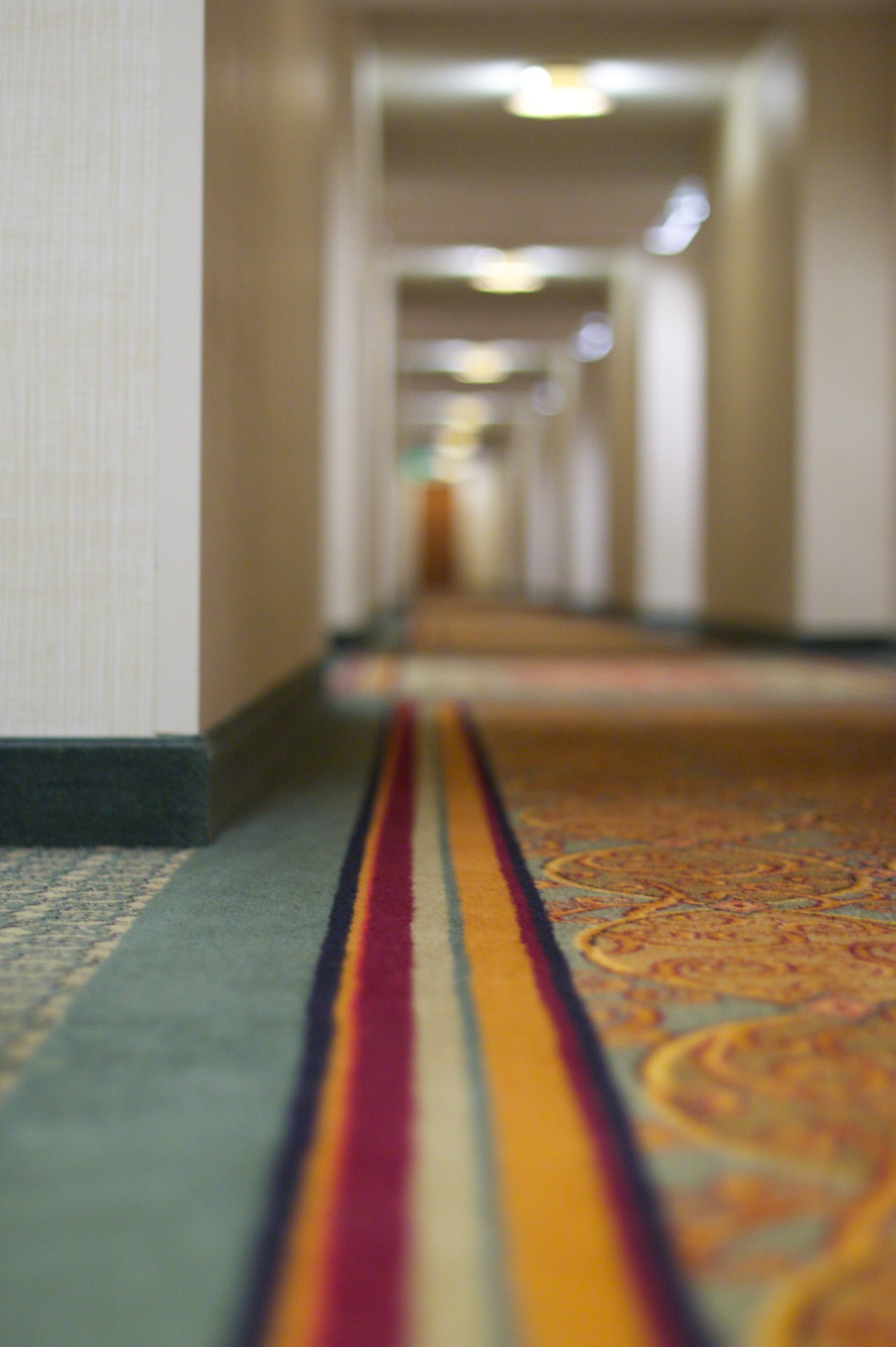 A hotel hallway photographed from down at carpet level: a long patterned carpet with a red-and-gold stripe runs away toward a bright far end, with doors along the walls blurring into the distance
