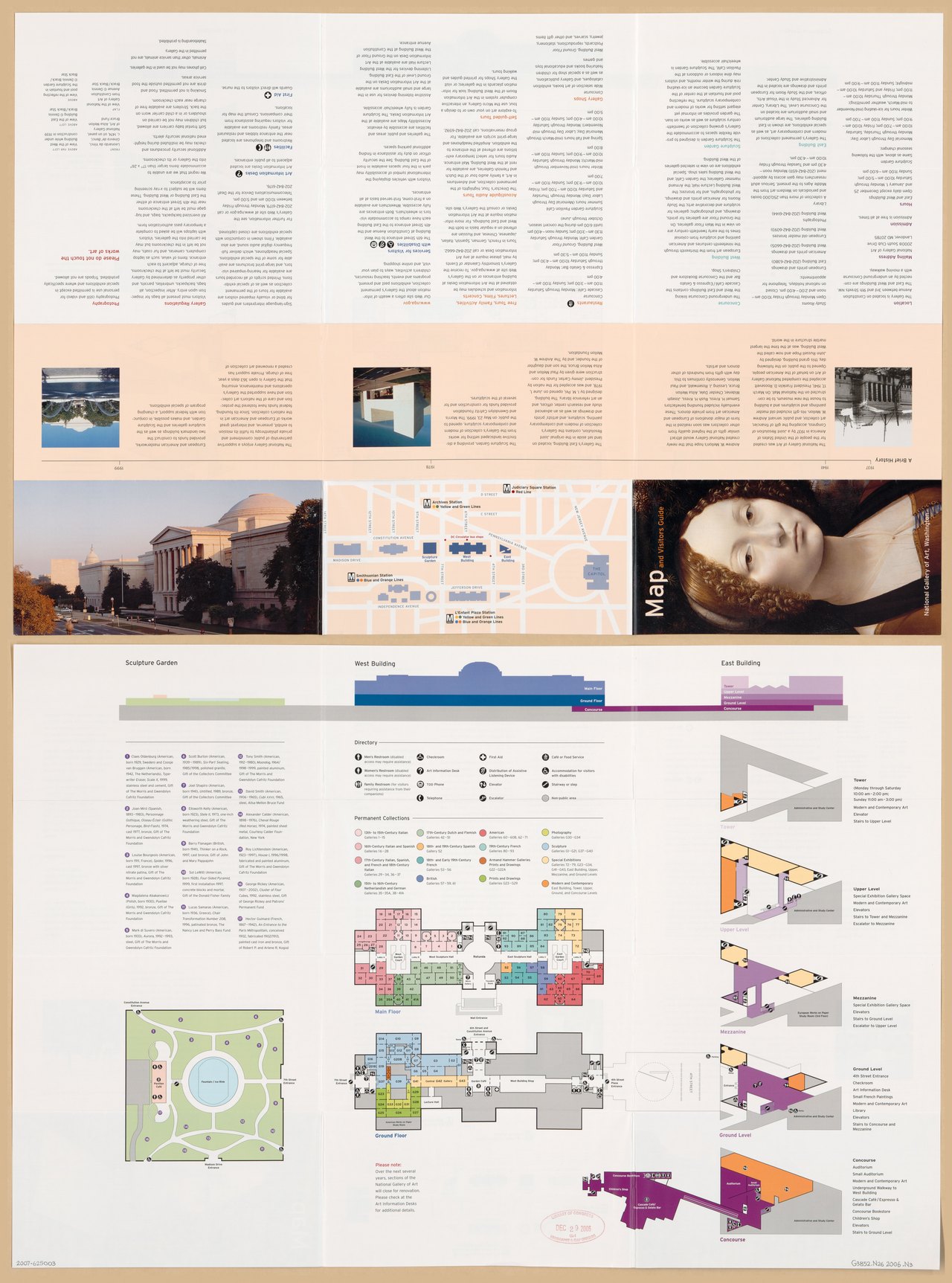 An unfolded museum visitor guide printed on one large sheet, with colored floor plans of each level, a key of symbols, and blocks of text around the edges