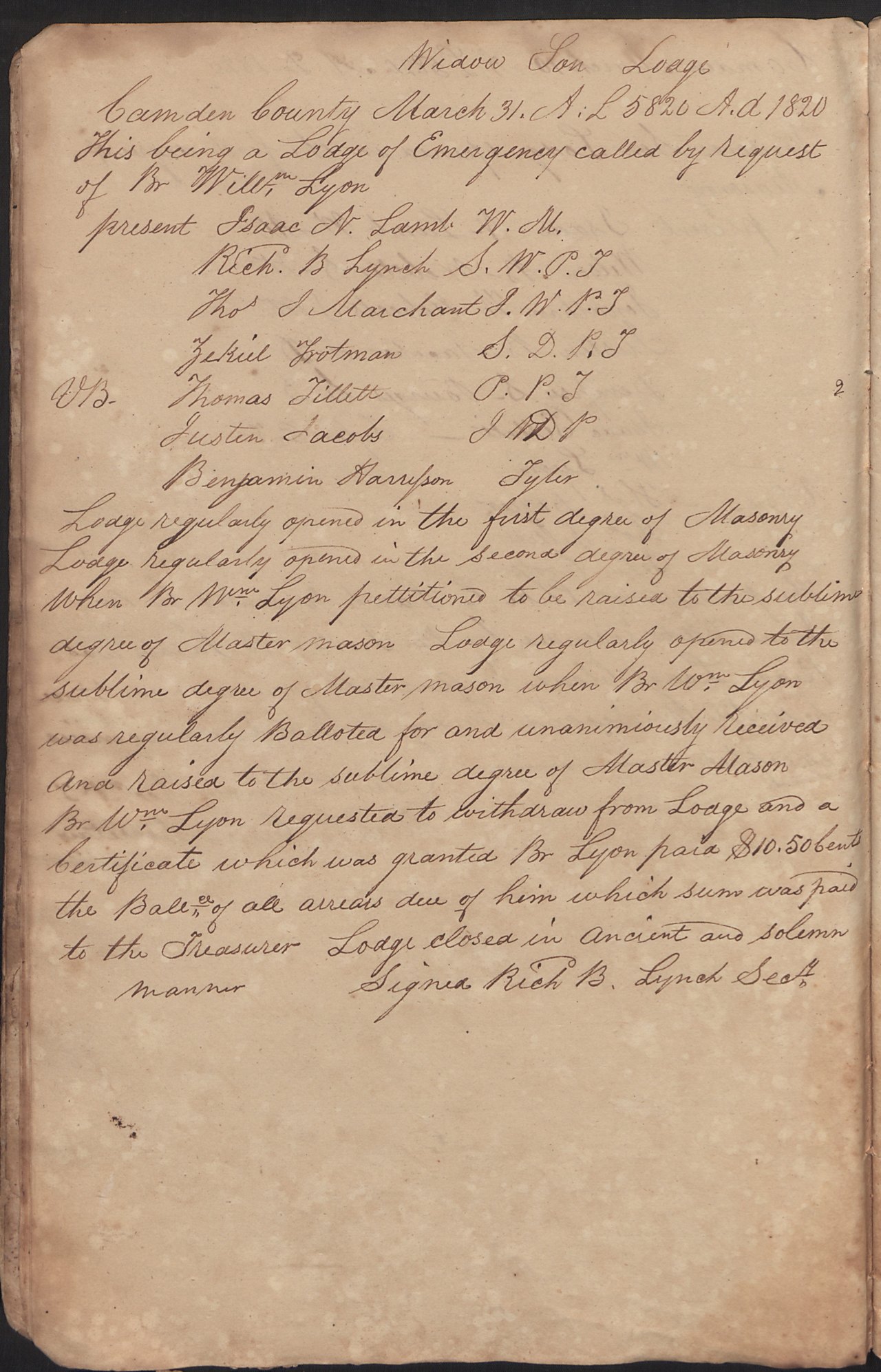 A handwritten ledger page dated 1820, its lines filled with names, decisions and a sum of money, ending with the secretary's signature