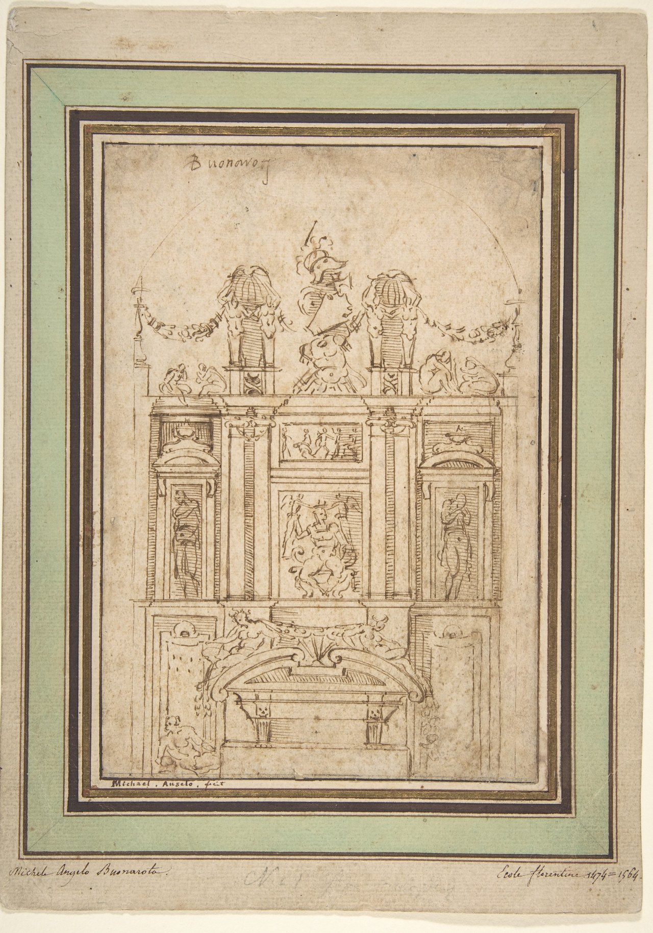 A pen and ink architectural study of a tomb wall with columns, niches and a sarcophagus, laid on a coloured mount with old handwritten inscriptions along the lower edge