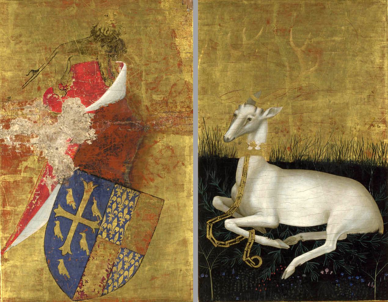 Two gold-ground panels side by side: on the left a worn coat of arms beneath a helmet and lion crest; on the right a white stag with gold antlers lying in a dark meadow, a gold crown around its neck and a gold chain trailing from it