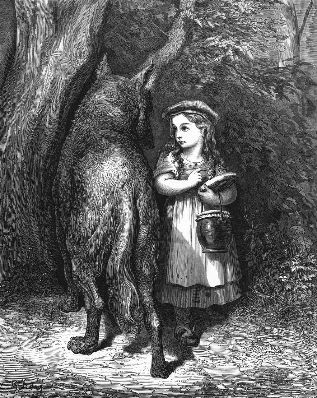 A black-and-white engraving of a small girl in a cap and apron, carrying a covered pot, standing on a forest path beside a large wolf that stands on all fours and looks at her