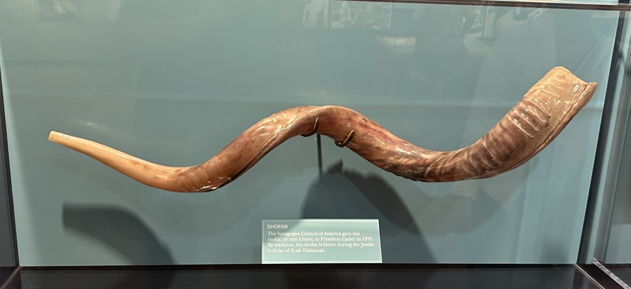 A long, twisting polished horn with a flared ridged end, mounted on a stand inside a museum display case with a small label beneath it