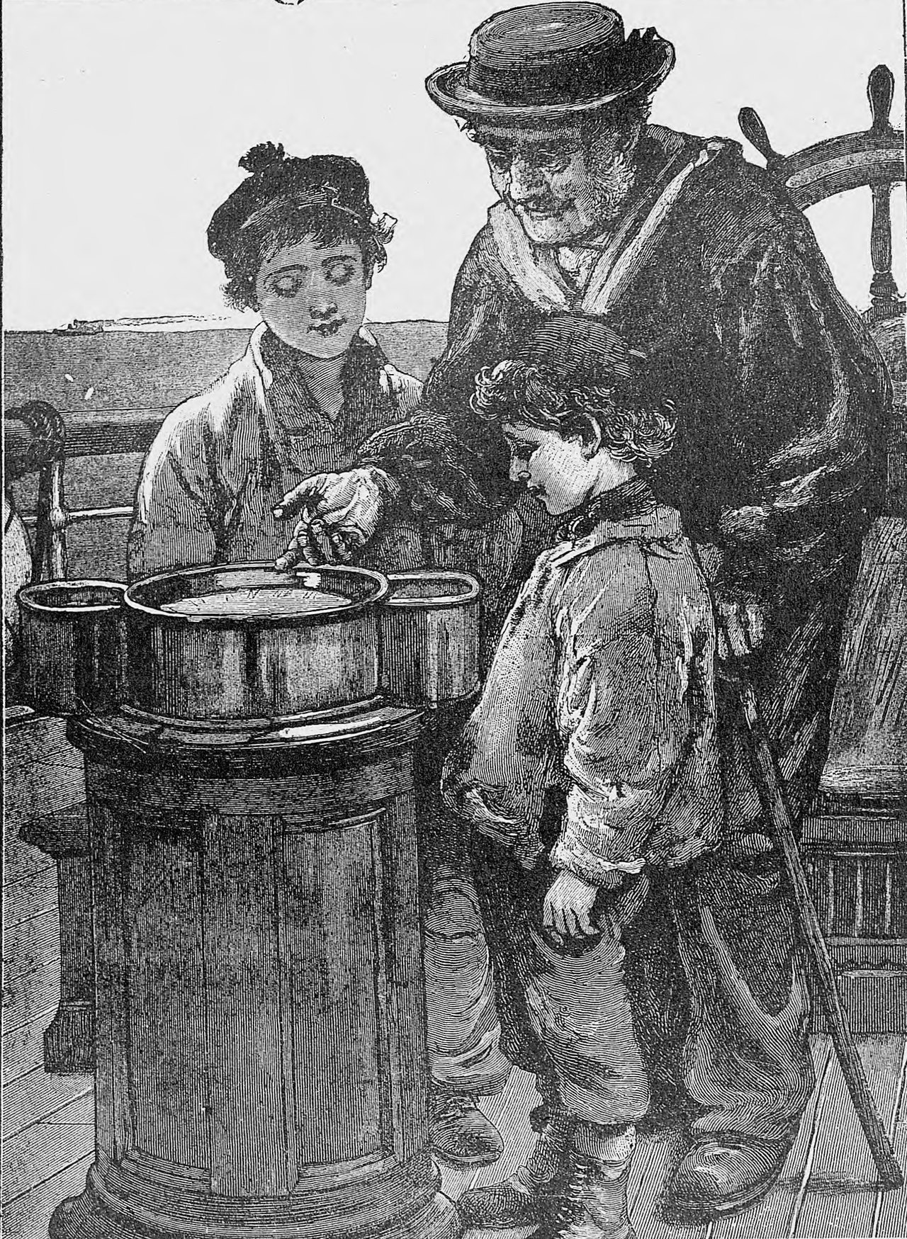 Black-and-white engraving of an old sailor in a brimmed hat leaning over a ship's compass stand while two children beside him listen closely