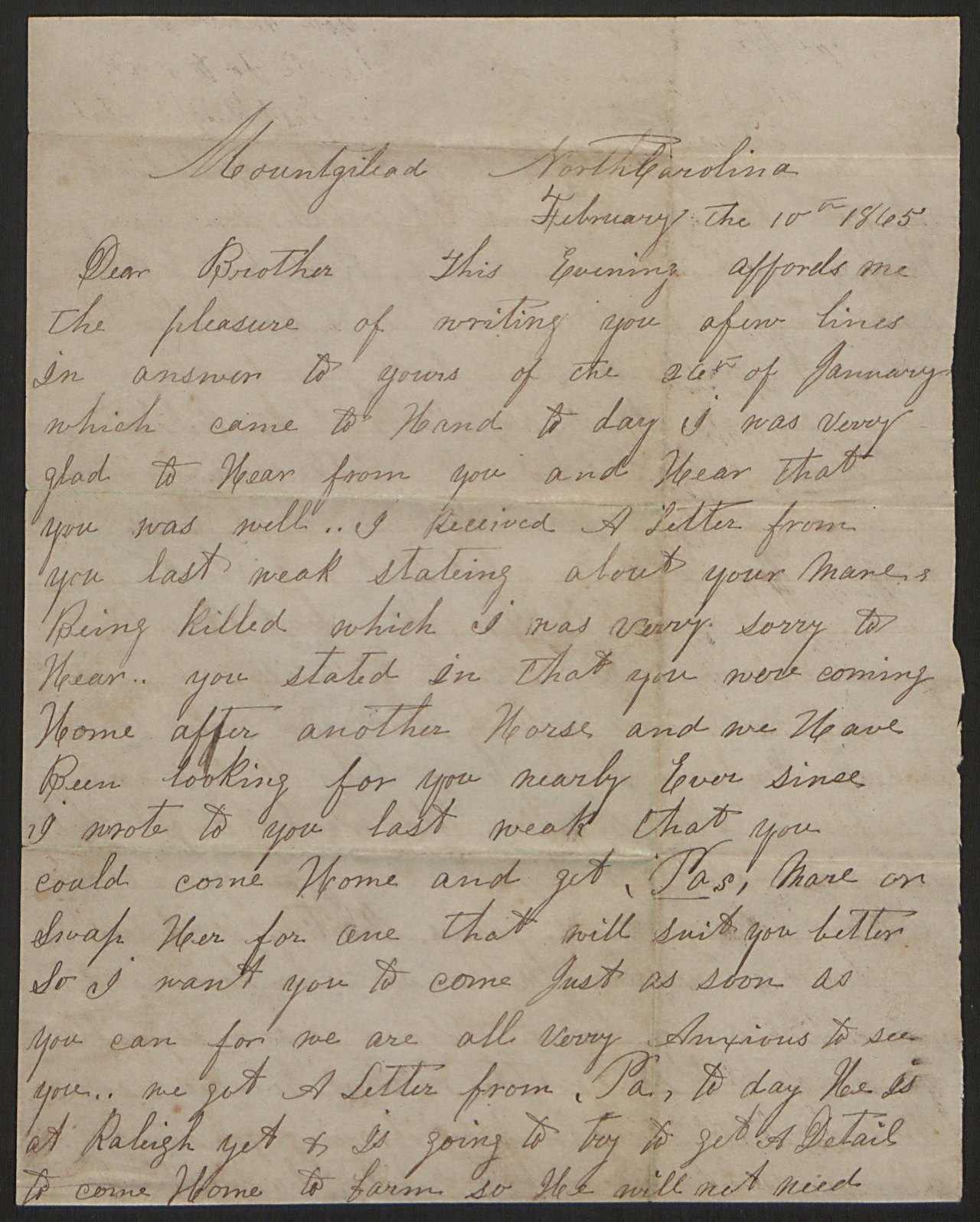 A page of a handwritten letter in faded brown ink on aged paper, the date at the top and close lines of looping script filling the sheet