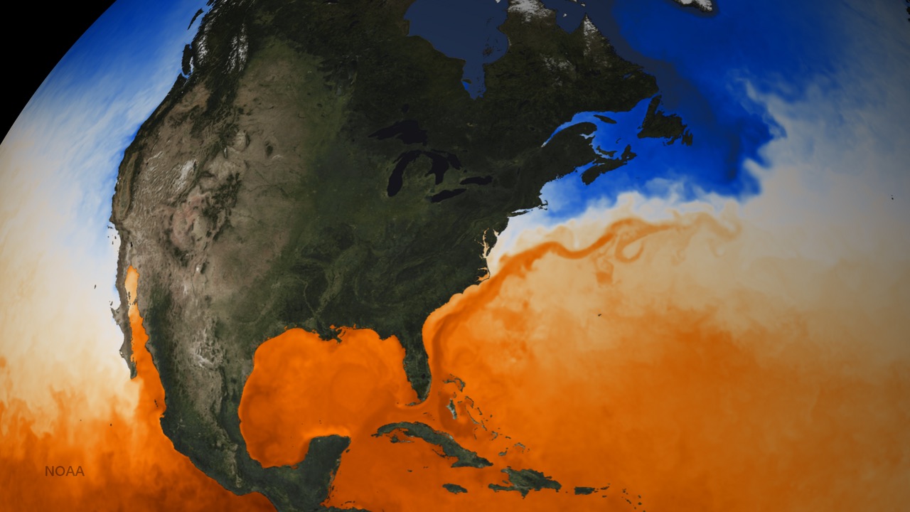 A satellite-based temperature map of North America and the Atlantic: warm orange water fills the Gulf of Mexico, squeezes between Cuba and Florida, hugs the east coast, and streams into the cold blue North Atlantic