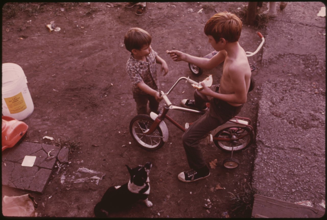 Seen from above, two boys stand over a small bicycle on a bare dirt yard while a puppy sniffs the ground nearby