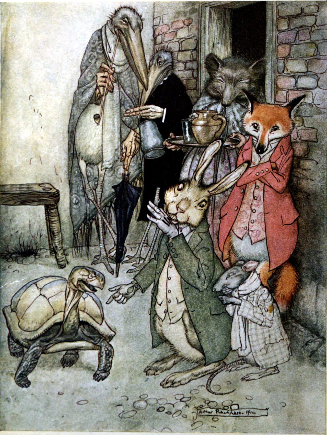A color book illustration of animal characters in coats and hats gathered in a doorway, among them a tortoise, a hare, a fox in a red coat, a stork and a mouse