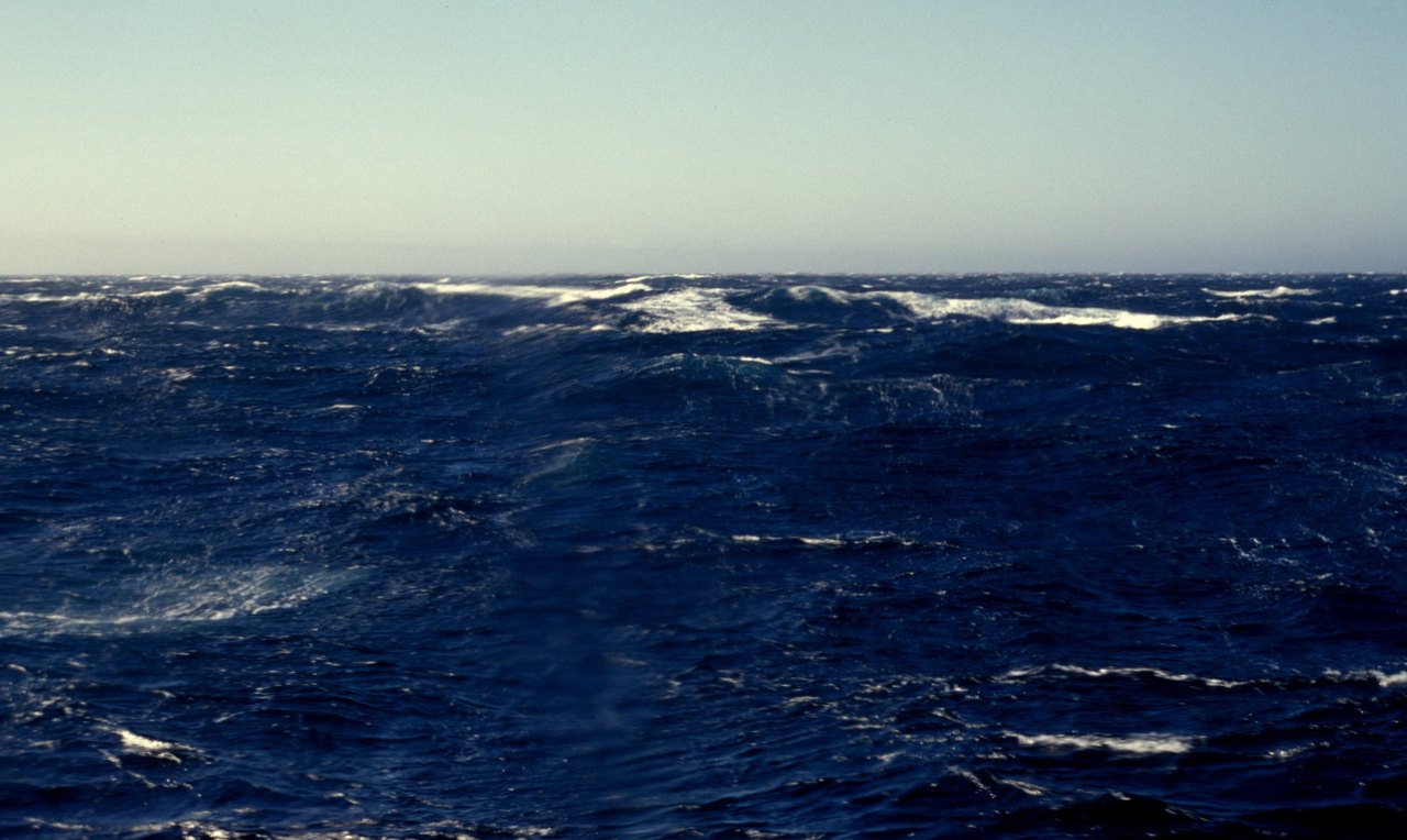 Open ocean under a pale sky, the whole surface torn into long dark swells with their tops blown into white streaks