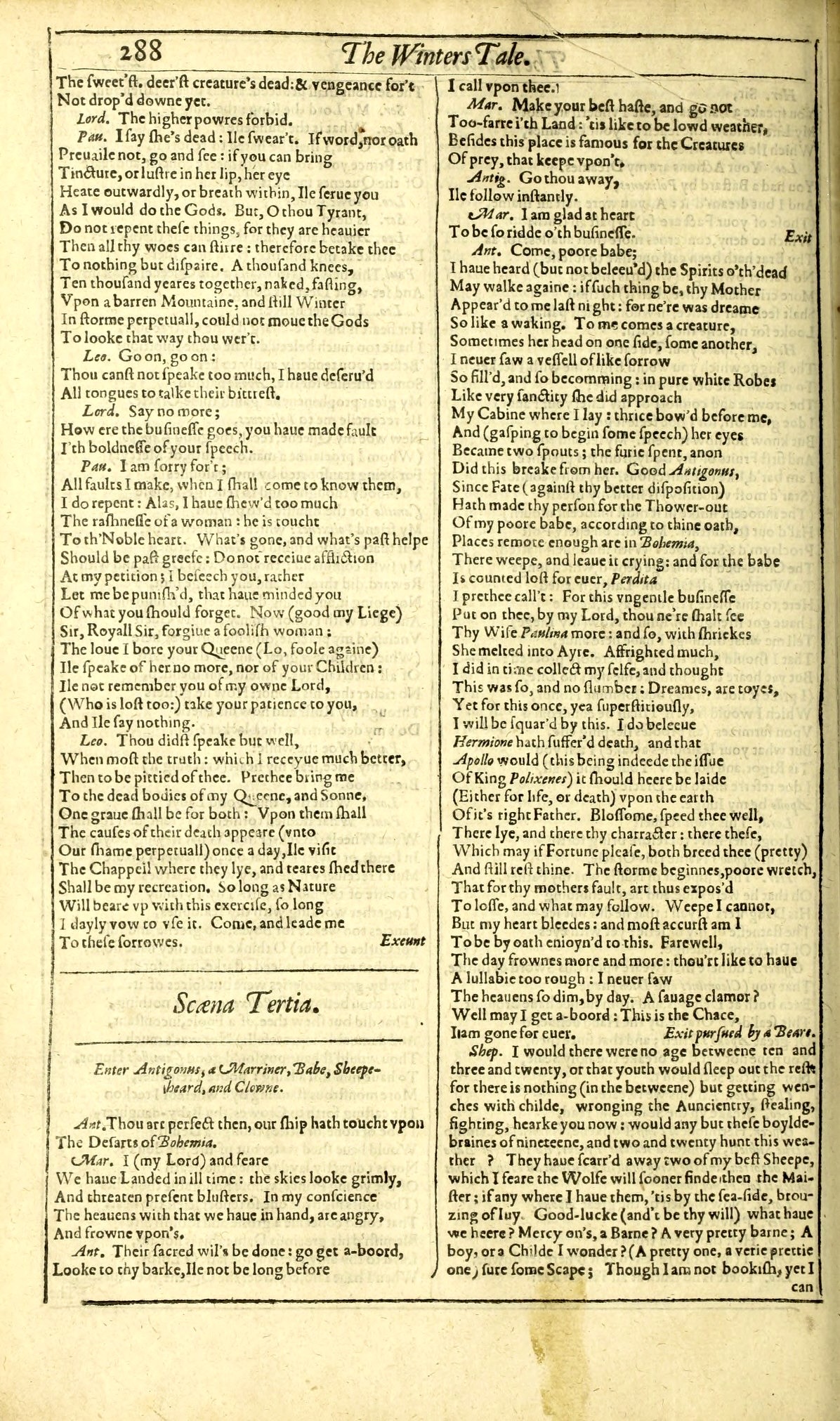 A page of an old folio printed in two columns of black-letter-era type, headed The Winters Tale, page 288, with a short italic line at the end of a speech in the right-hand column