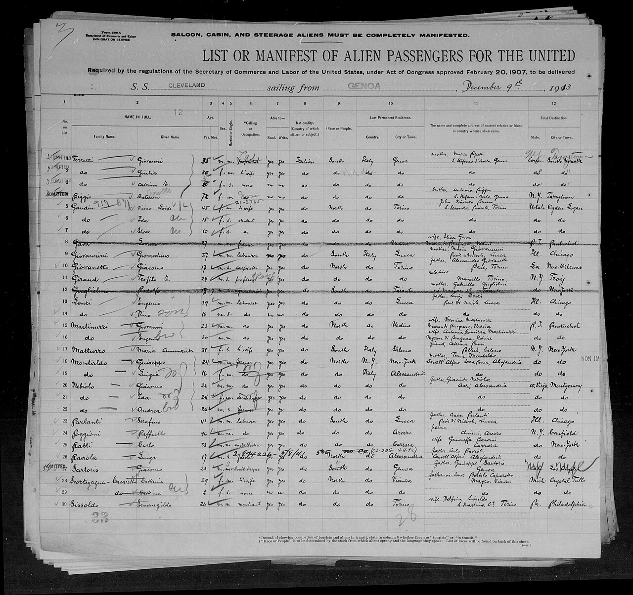 A photographed page from a thick sheaf of 1913 immigration forms, headed List or Manifest of Alien Passengers, with thirty handwritten names, ages, and hometowns in ruled columns