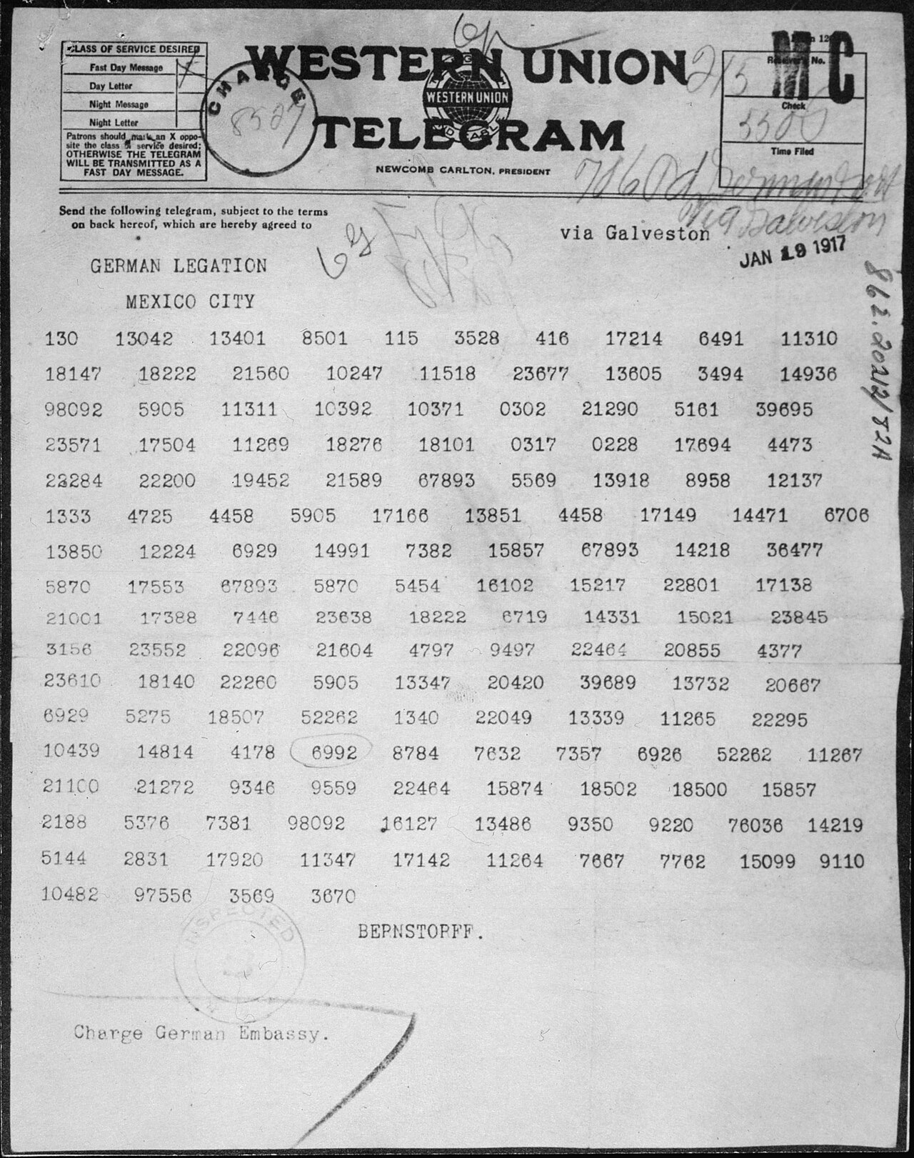 A 1917 Western Union telegram form addressed to the German Legation in Mexico City, filled with rows of four- and five-digit number groups and signed Bernstorff
