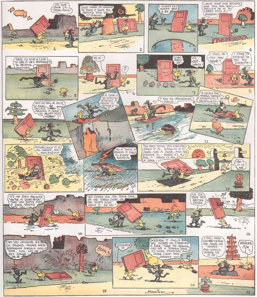 A full page of a 1922 color newspaper comic, laid out as a grid of small panels in which two cartoon animals talk over a door carried through a desert landscape