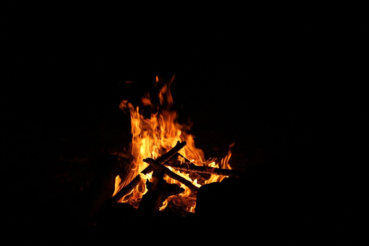 Bright orange flames rising from crossed logs in a small campfire, surrounded by complete darkness