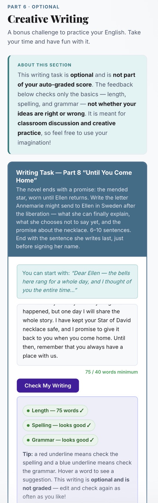 Creative writing task with automatic English feedback